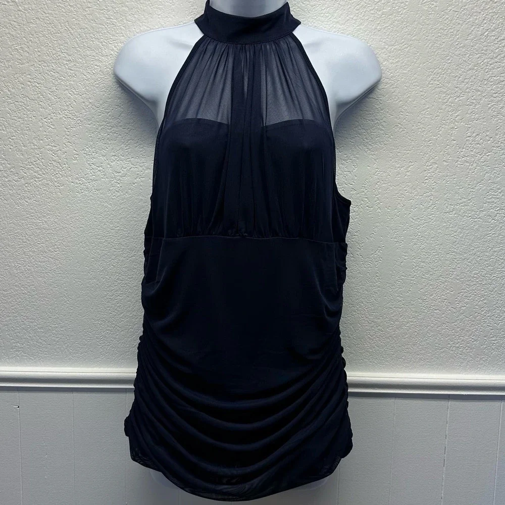 V501 Venus Women’s Sz Lg High Collar Navy Ruche Sleeveless Blouse NWOT - Picture 1 of 14